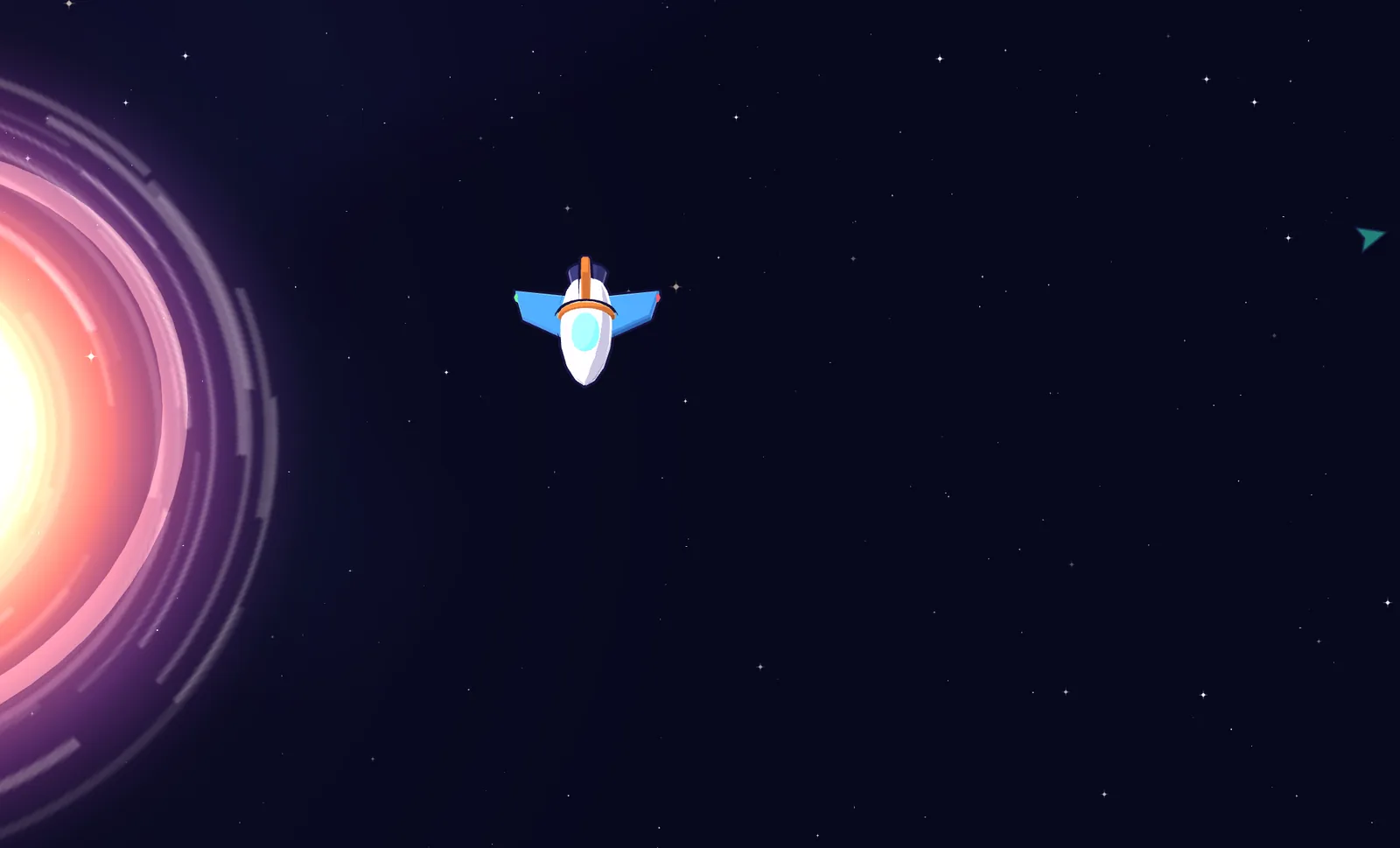 Lunatic Fling on iPad: a black hole with a glowing pink accretion disk, and the ship holding position beside it.