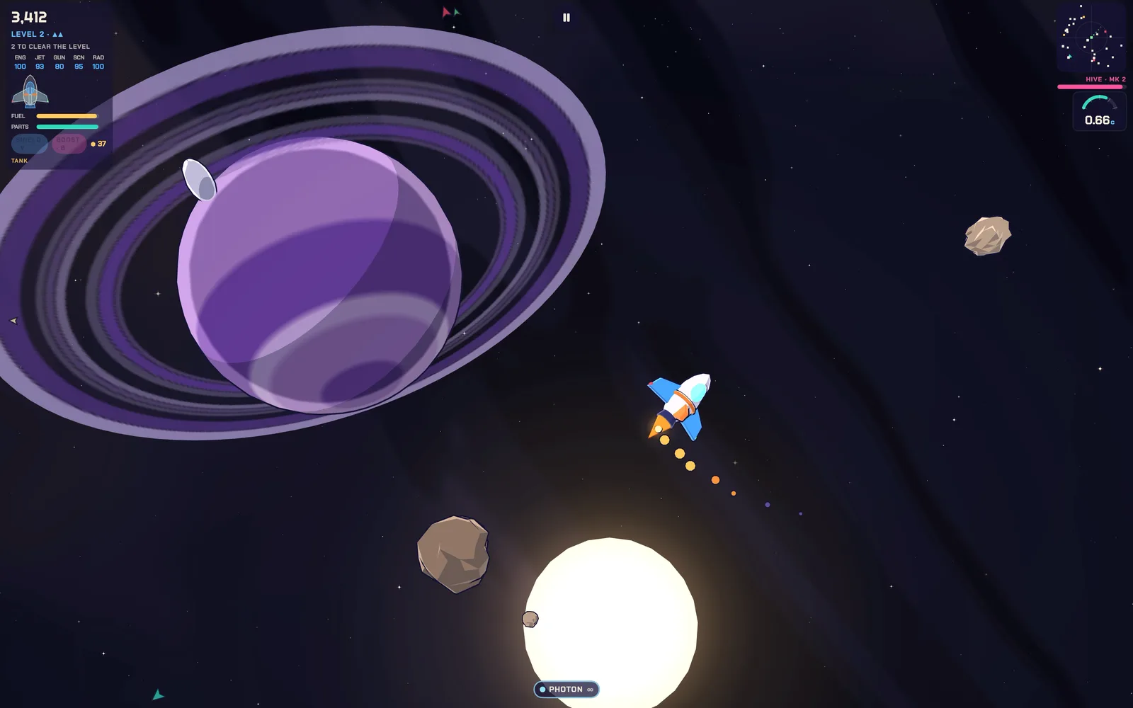 Lunatic Fling on Mac: the ship slings between a huge ringed planet and a blazing white sun, with the HUD in the corners.