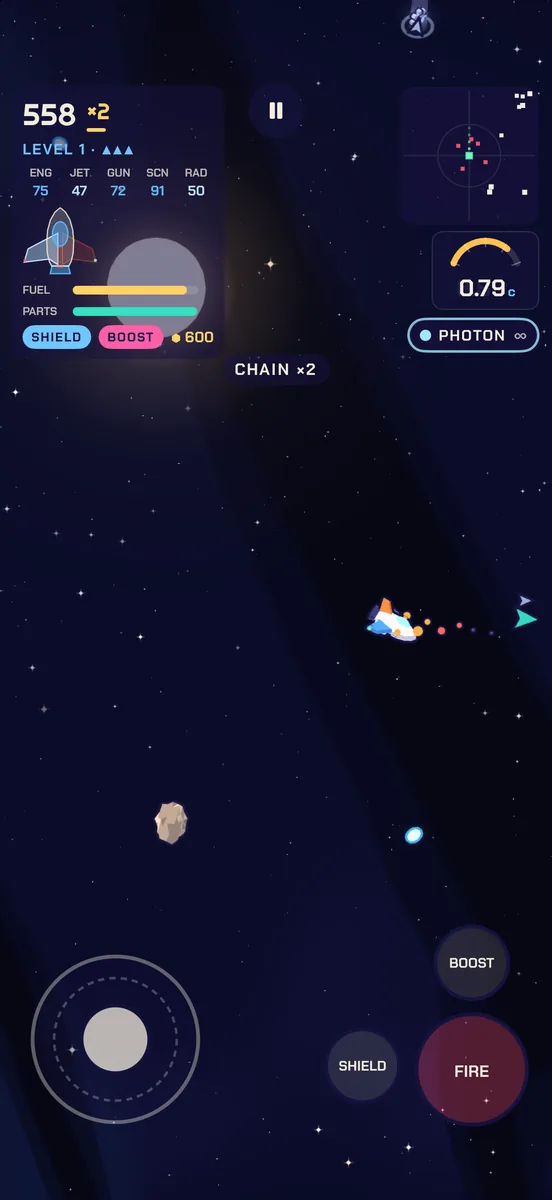 Lunatic Fling on iPhone: the ship coasts through open space with its engine trail behind it, the HUD at the top and the touch stick and Fire button at the bottom.