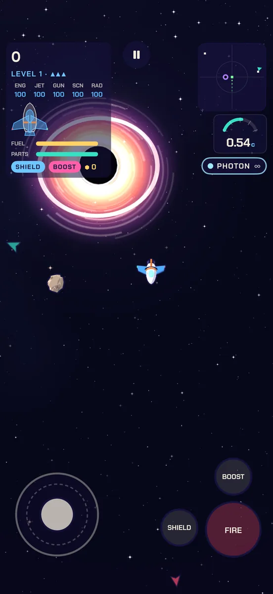 On iPhone: a black hole's glowing disk fills the left of the screen as the ship flies past.
